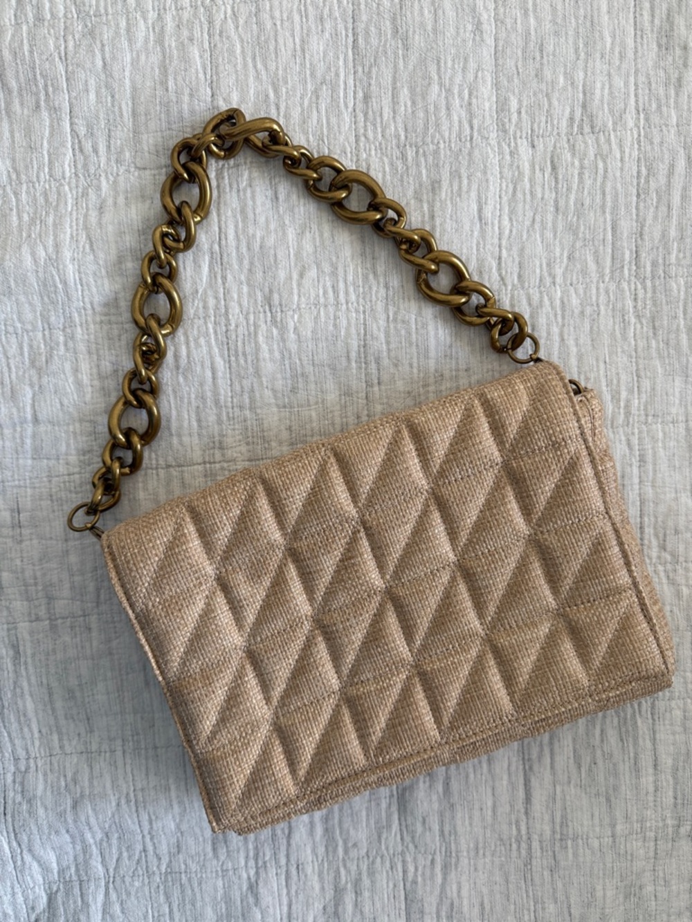 Raffia Beige Gold Chain-Handle Shoulder Bag Clutch Bag